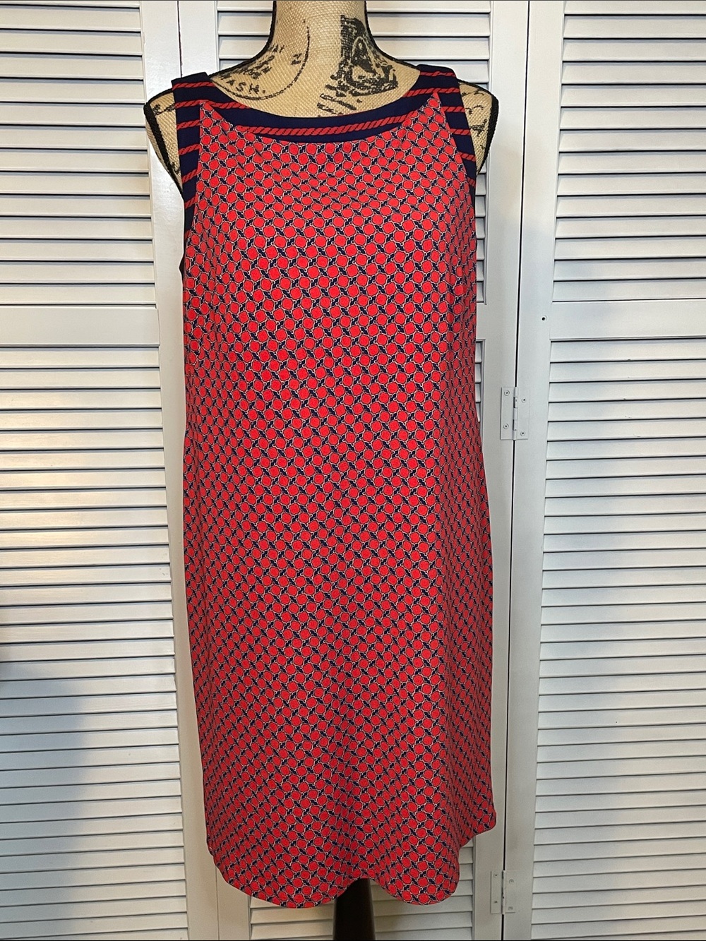 Ann Taylor Red and Navy Nautical Print Sleeveless Midi Dress - Sz M